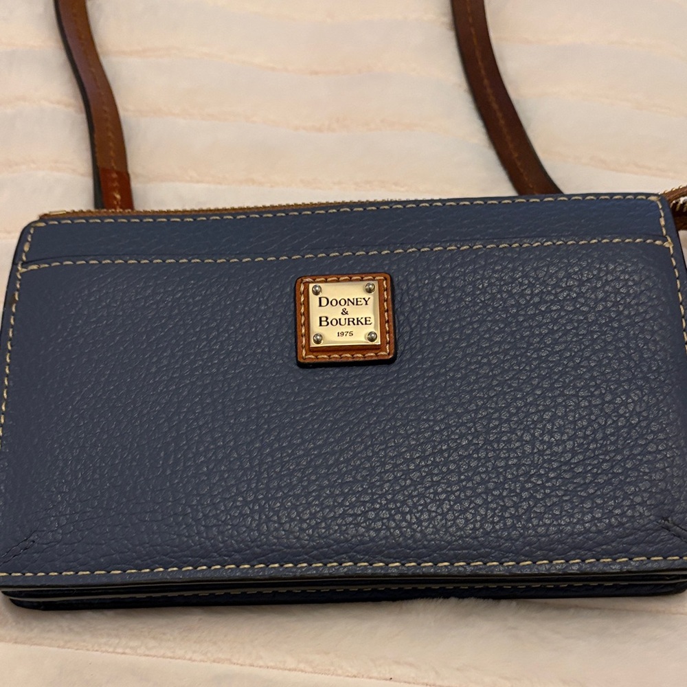 Dooney & Bourke Blue Pebbled Leather Crossbody with Brown Trim